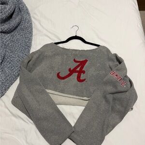 LF Off-the-Shoulder Gray Sweater with Red Alabama A Logo